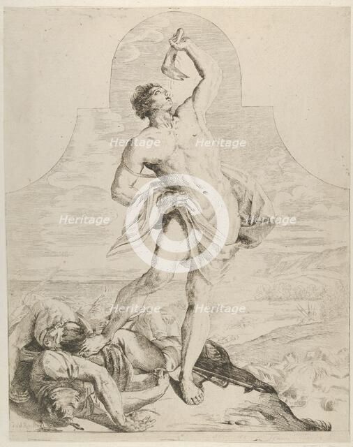 Samson holding the jaw bone of an ass over his head and standing next to the Philis..., ca. 1640-60. Creator: Flaminio Torre.