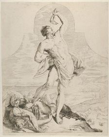 Samson holding the jaw bone of an ass over his head and standing next to the Philis..., ca. 1640-60. Creator: Flaminio Torre