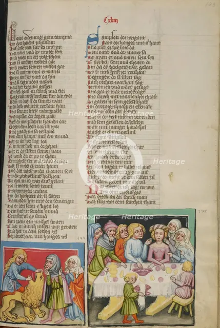Samson Killing a Lion: Samson's Wedding; Weltchronik, about 1400-1410. Creator: Unknown.