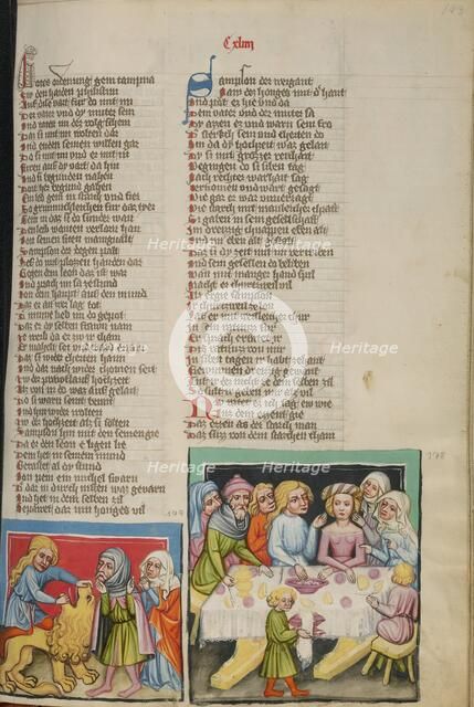 Samson Killing a Lion: Samson's Wedding; Weltchronik, about 1400-1410. Creator: Unknown.