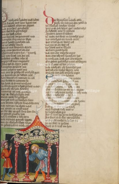 Samson Pulling Down the Pillars of the Palace; Weltchronik, about 1400-1410. Creator: Unknown.