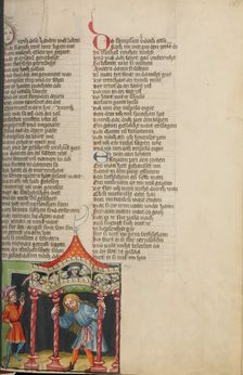 Samson Pulling Down the Pillars of the Palace; Weltchronik, about 1400-1410. Creator: Unknown