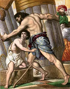 Samson pulling down the Temple of Dagon, god of the Philistines, mid 19th century