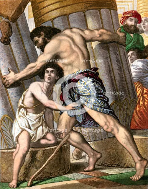 Samson pulling down the Temple of Dagon, god of the Philistines, mid 19th century. Artist: Unknown
