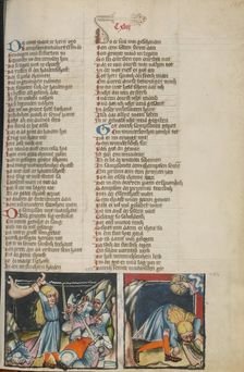 Samson Slaying the Philistines with the Jawbone of an Ass: Samson Drinking..., about 1400-1410. Creator: Unknown