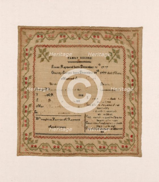 Sampler, United States, c. 1819. Creator: Harriot Augusta Raymond.