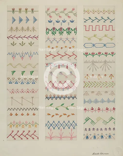 Samples of Stitching, c. 1937. Creator: Edith Towner.