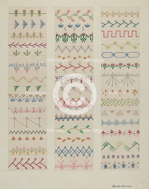 Samples of Stitching, c. 1937. Creator: Edith Towner.
