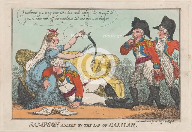 Sampson Asleep on the Lap of Dalilah, March 19, 1809., March 19, 1809. Creator: Thomas Rowlandson.