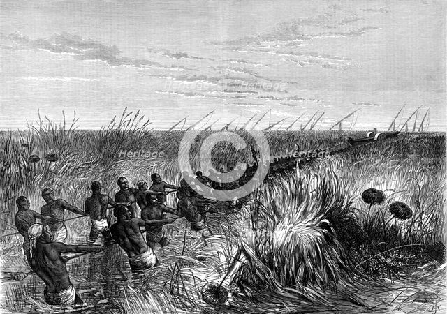 Samuel Baker's boat hauled through river grass, 1864 (1874). Creator: Unknown.