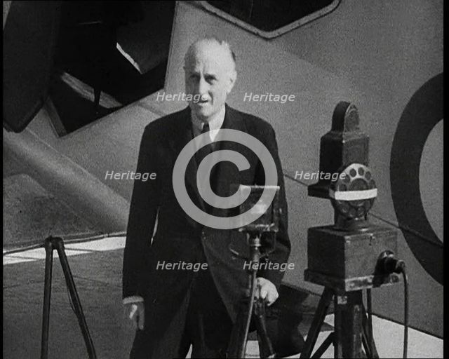 Samuel Hoare Giving a Speech in Front of a Plane, 1930s. Creator: British Pathe Ltd.