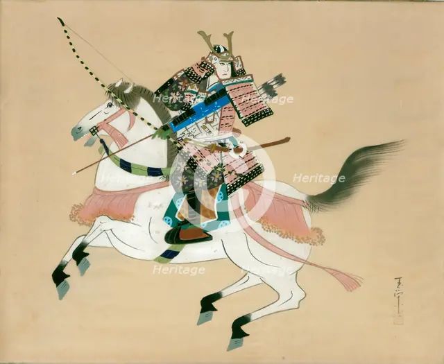 Samurai Warrior riding a horse. A Japanese painting on silk, in a traditional Japanese style. Artist: Unknown