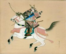 Samurai Warrior riding a horse. A Japanese painting on silk, in a traditional Japanese style