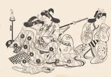 Samurai and Courtesan Seated; A Servant Beside Them, ca. 1685., ca. 1685. Creator: Sugimura Jihei