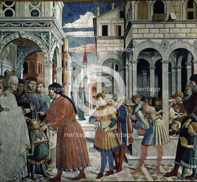 San Agustin child is taken to school'1465 fresco by Benozzo Gozzoli, St. Augustine (354-430), chu…