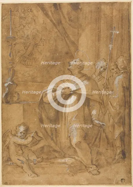 San Carlo Borromeo Adoring an Image of the Birth of the Virgin, 1684/87. Creator: Sigismondo Caula.
