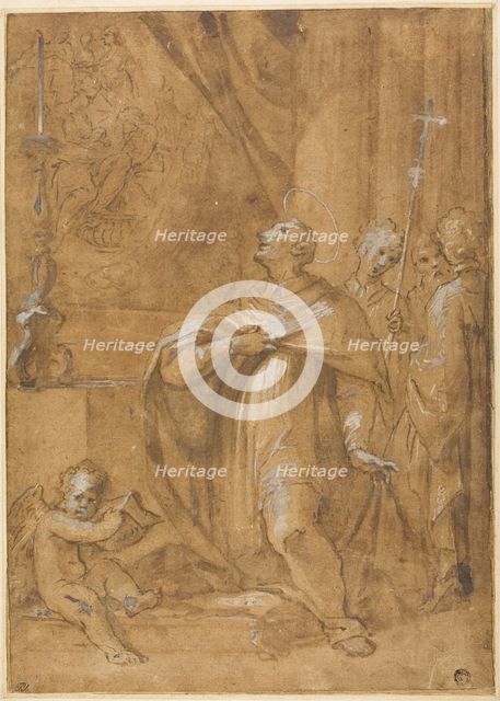San Carlo Borromeo Adoring an Image of the Birth of the Virgin, 1684/87. Creator: Sigismondo Caula.