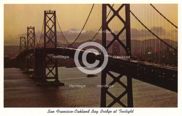 San Francisco-Oakland Bay Bridge at Twilight, San Francisco, California, USA, 1957. Artist: Unknown