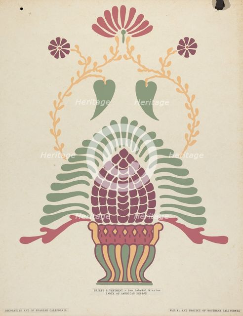 San Gabriel Mission Priest's Vestment from the portfolio "Decorative Art...", 1935/1942. Creator: Unknown.