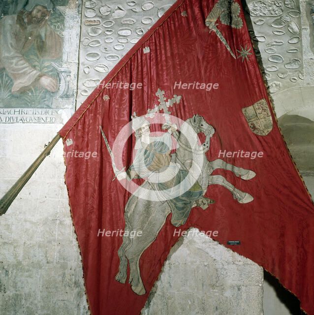 San Isidoro (560-636), Archbishop of Seville, detail of the banner of the Baeza of his equestrian…