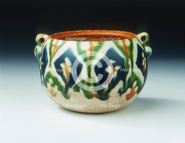 Sancai pottery jar with floral and geometric patterns, Tang dynasty, China, early 8th century. Artist: Unknown