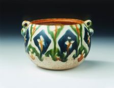Sancai pottery jar with floral and geometric patterns, Tang dynasty, China, early 8th century