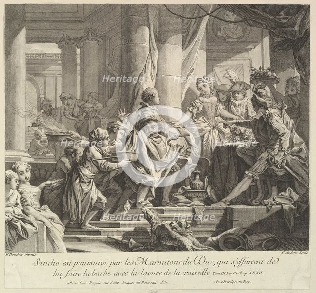 Sancho Pursued by the Kitchen Boys of the Duke, 18th century. Creator: Pierre Alexandre Aveline.