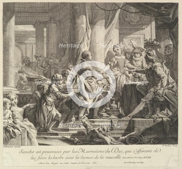 Sancho Pursued by the Kitchen Boys of the Duke, 18th century. Creator: Pierre Alexandre Aveline.