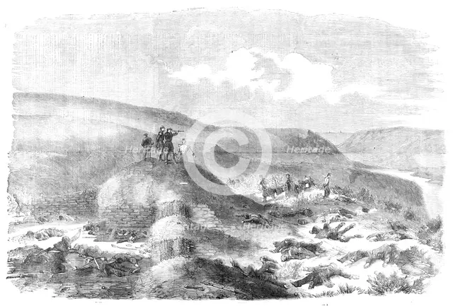 Sandbag Battery defended by the Guards - sketched on the morning of the Battle of Inkerman, 1854. Creator: Unknown.