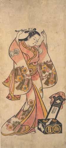 Sanjo Kantaro as a Woman Arranging Her Hair Before a Lacquer Mirror, before 1763. Creator: Attributed to Torii Kiyomasu II