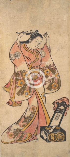 Sanjo Kantaro as a Woman Arranging Her Hair Before a Lacquer Mirror, before 1763. Creator: Attributed to Torii Kiyomasu II.
