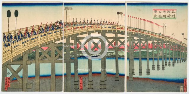 Sanshu Okazaki Yahagi ohashi shokei (View of the Great Bridge of Yahagi near Okazak..., 1863. Creator: Sadahide, Utagawa (1807-1873).