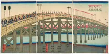Sanshu Okazaki Yahagi ohashi shokei (View of the Great Bridge of Yahagi near Okazak..., 1863. Creator: Sadahide, Utagawa (1807-1873)