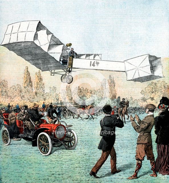 Santos-Dumont making the first powered plane flight in Europe, Paris, 1906. Artist: Unknown