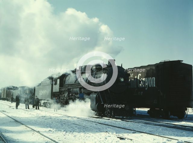 Santa Fe R.R. freight train about to leave for the West Coast from Corwith yard, Chicago, Ill., 1943 Creator: Jack Delano.