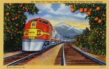 Santa Fe's Super Chief travelling through orange groves, California, USA, 1940