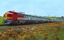 Santa Fe's Super Chief passing a field of California poppies, 1956
