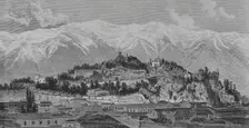 Santa Lucia Hill and snowy mountain range, Santiago, (Santiago de Chile), Chile, 1883. Creator: Unknown