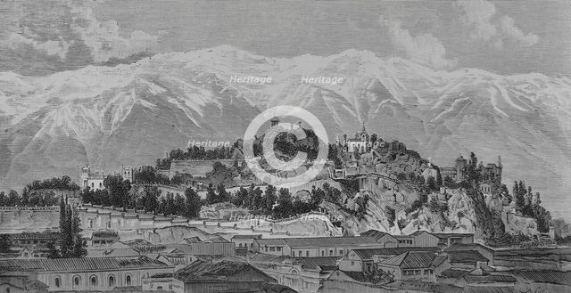 Santa Lucia Hill and snowy mountain range, Santiago, (Santiago de Chile), Chile, 1883.  Creator: Unknown.