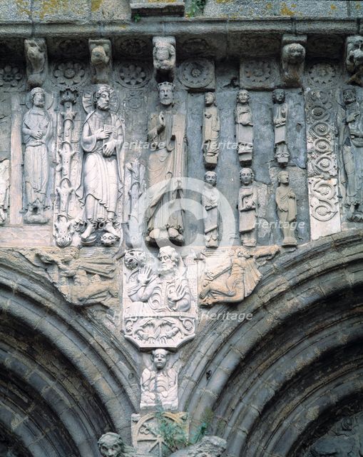 Santiago Cathedral, dated from 1103, detail of the figures of Salvador and Santiago Apostle on th…
