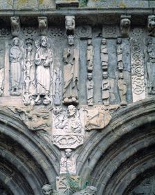 Santiago Cathedral, dated from 1103, detail of the figures of Salvador and Santiago Apostle on th…