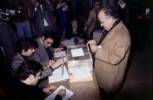 Santiago Carrillo, voting in the elections in 1977 which would deputy of the Communist Party of…