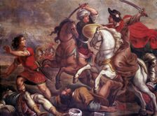 Santiago The Elder disciple of Jesus and one of the 12 Apostles, battle of Clavijo, oil on cop…