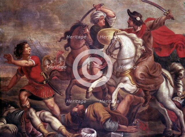 Santiago 'The Elder', disciple of Jesus and one of the 12 Apostles, battle of Clavijo, oil on cop…
