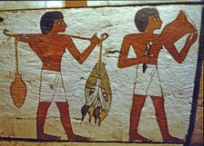 Sarcophagus of Lady Madja in polychromed wood, with scenes of offerings from the field, in the ne…