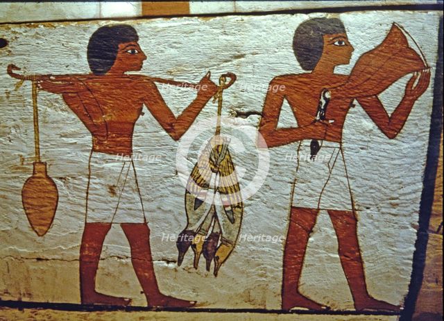 Sarcophagus of Lady Madja in polychromed wood, with scenes of offerings from the field, in the ne…