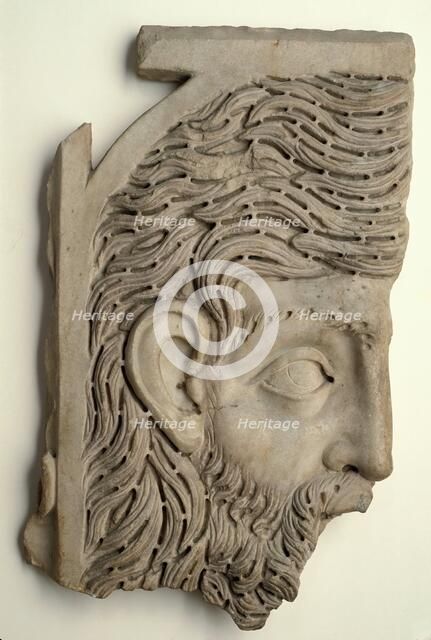 Sarcophagus Lid Fragment, Head of Bearded Man, mid-3rd century. Creator: Unknown.