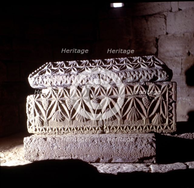 Sarcophagus with relief and ornaments of pineapples, palmettes and sogeados from the Church of Sa…