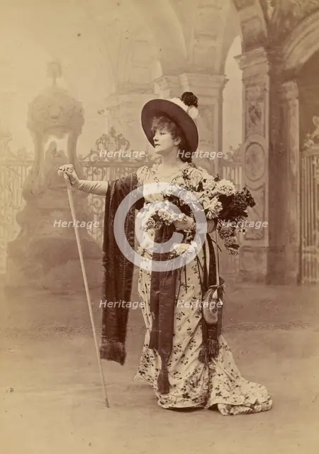 Sarah Bernhardt as Floria Tosca in Act I of Sardou's 'Tosca', neg 1887; print and mount after 1889. Creator: Nadar.