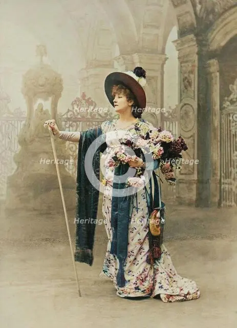 Sarah Bernhardt as Floria Tosca in Act I of Sardou's 'Tosca', neg 1887; print and mount after 1889. Creator: Nadar.